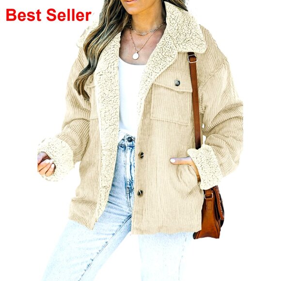 Jackets & Blazers - Corduroy Sherpa Jacket Button Down Fleece Collar Winter Coat Loose Fit